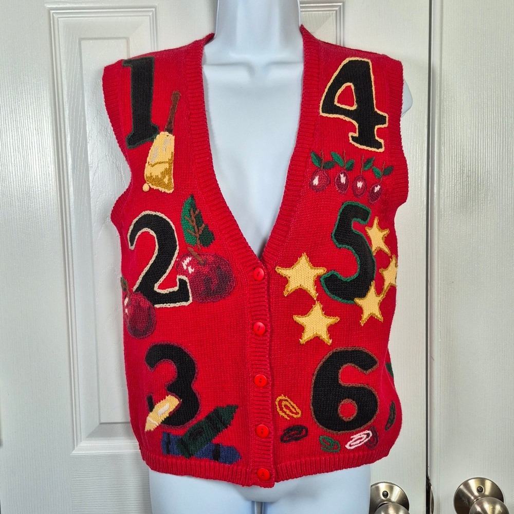 Vintage Talbots red teacher number school theme button up sweater vest petite XS